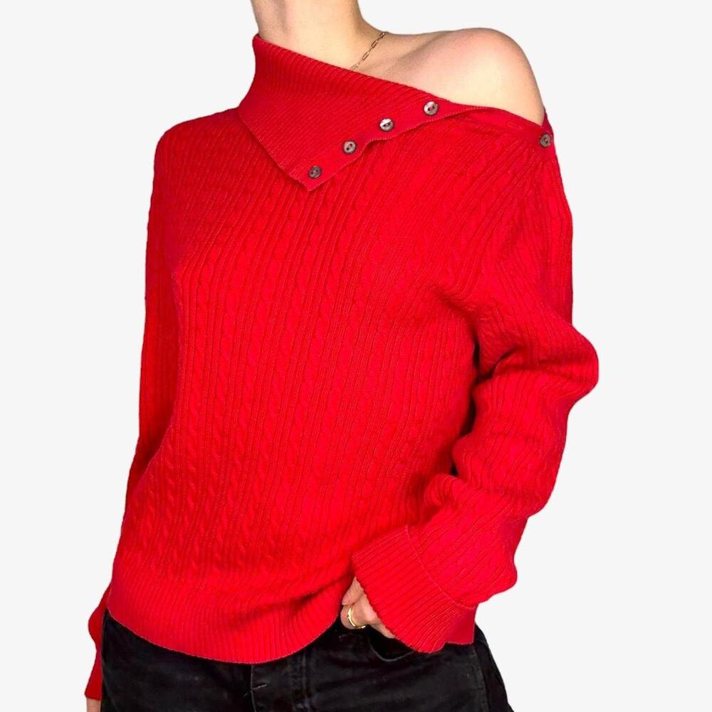 Valerie Stevens red off the shoulder sweater with silver buttons
